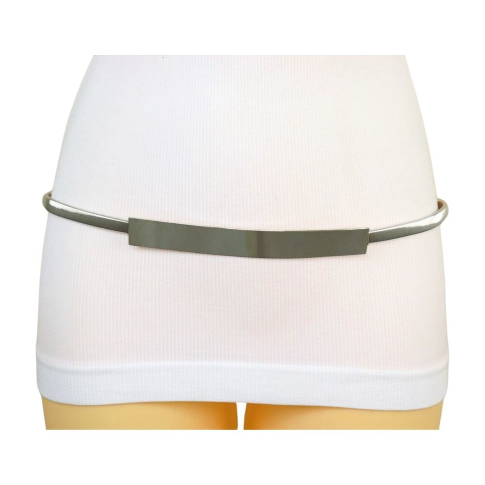 Women Silver Metal Elastic Skinny Waistband Belt Hip Waist Long Plate Buckle S M